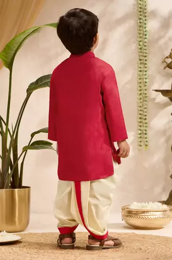 Boys red cotton silk kurta dhoti set