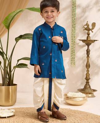 Boys blue cotton silk kurta dhoti set 1