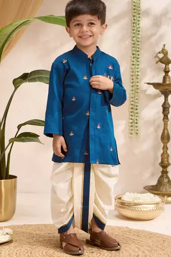 Boys blue cotton silk kurta dhoti set