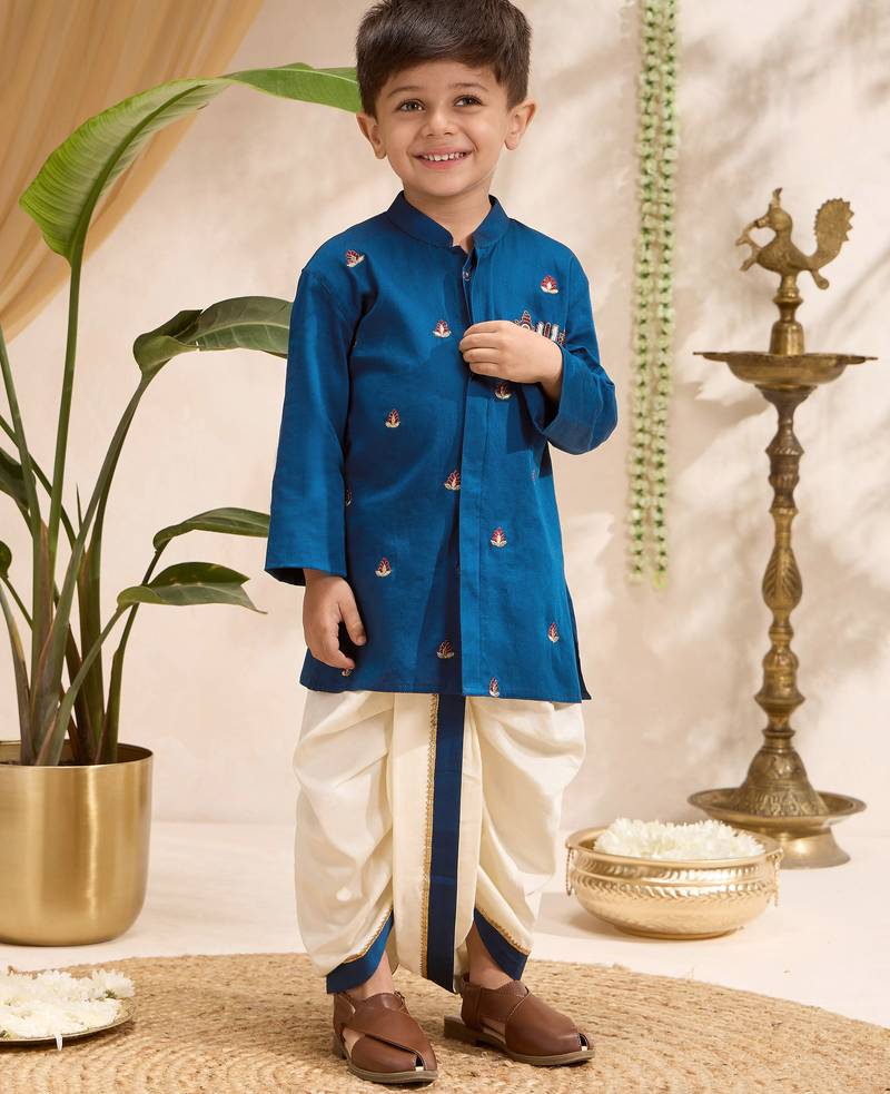 Boys blue cotton silk kurta dhoti set