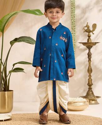 Boys blue cotton silk kurta dhoti set 3