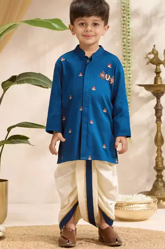 Boys blue cotton silk kurta dhoti set