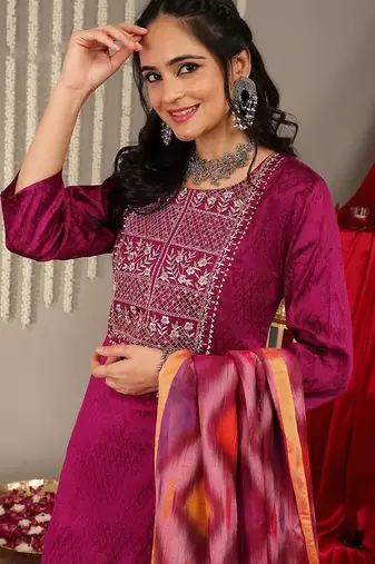 Ethnic Motifs Woven Design Regular Zari Work Kurta With Trousers & Dupatta
