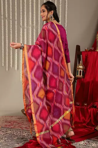 Ethnic Motifs Woven Design Regular Zari Work Kurta With Trousers & Dupatta