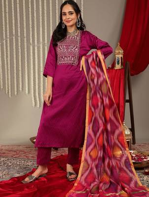 Ethnic Motifs Woven Design Regular Zari Work Kurta With Trousers & Dupatta 6