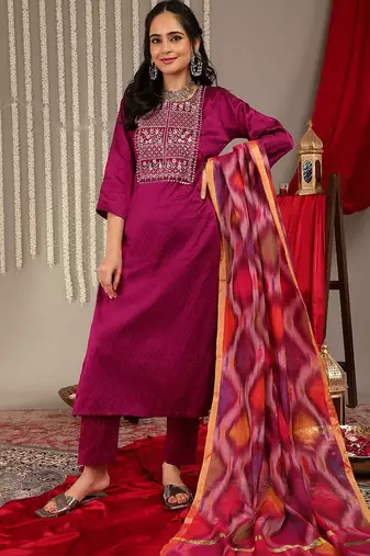 Ethnic Motifs Woven Design Regular Zari Work Kurta With Trousers & Dupatta