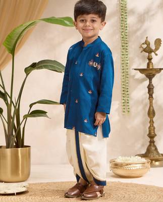 Boys blue cotton silk kurta dhoti set 4