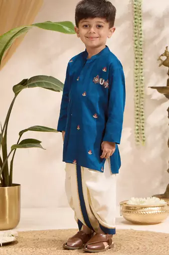 Boys blue cotton silk kurta dhoti set