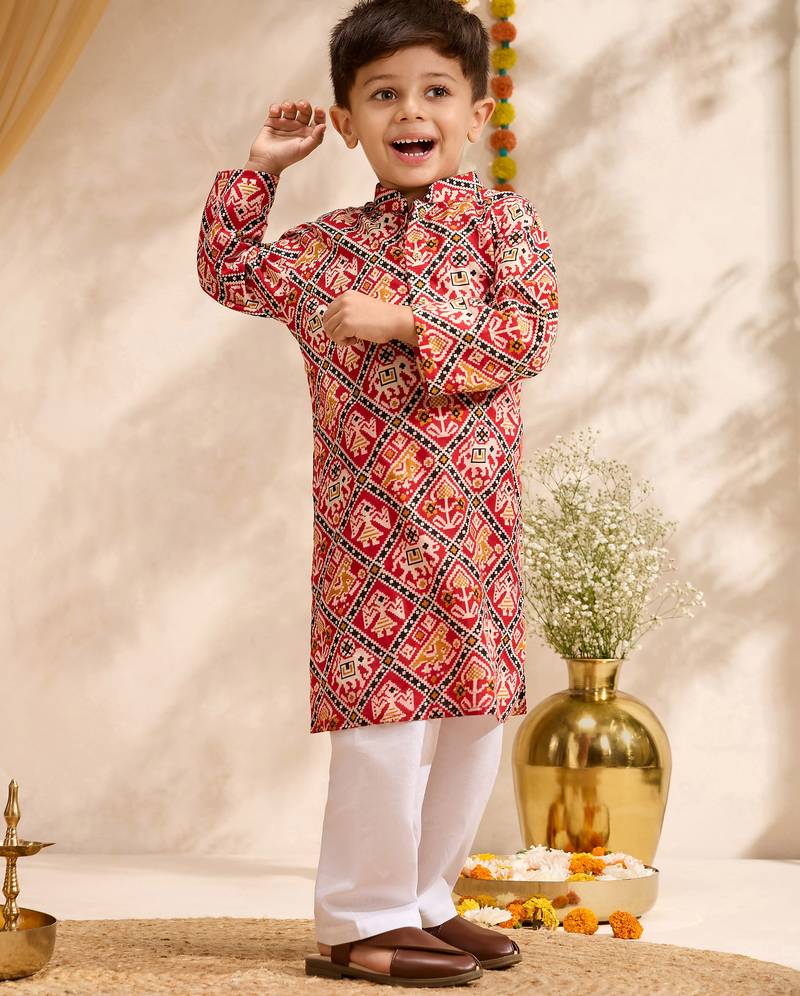 Boys red cotton patola print kurta pyjama set