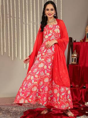 Floral Printed Shoulder Straps Anarkali Kurta & Trousers With Dupatta 1