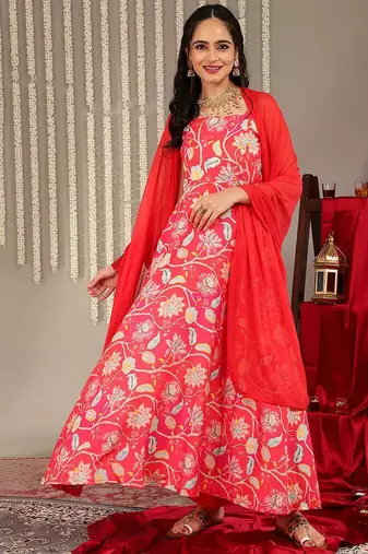 Floral Printed Shoulder Straps Anarkali Kurta & Trousers With Dupatta