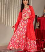 Floral Printed Shoulder Straps Anarkali Kurta & Trousers With Dupatta