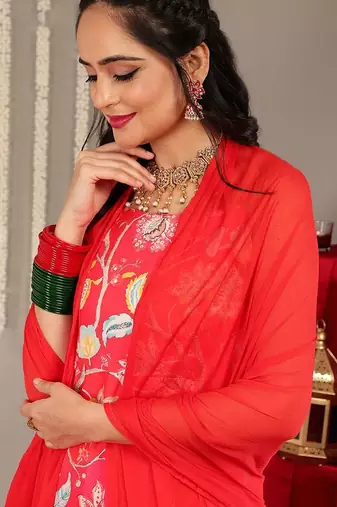 Floral Printed Shoulder Straps Anarkali Kurta & Trousers With Dupatta