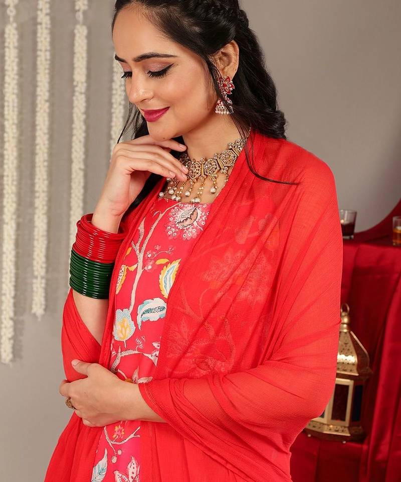 Floral Printed Shoulder Straps Anarkali Kurta & Trousers With Dupatta