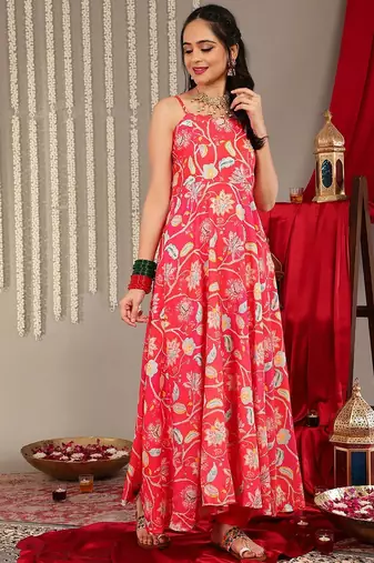 Floral Printed Shoulder Straps Anarkali Kurta & Trousers With Dupatta