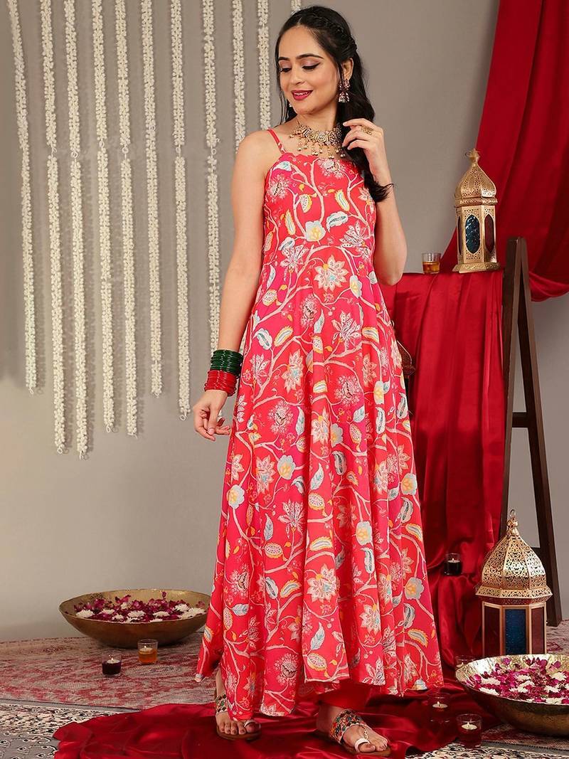 Floral Printed Shoulder Straps Anarkali Kurta & Trousers With Dupatta
