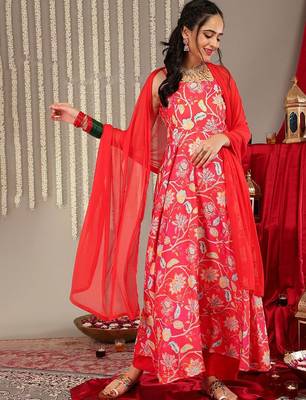 Floral Printed Shoulder Straps Anarkali Kurta & Trousers With Dupatta 5
