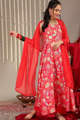 Floral Printed Shoulder Straps Anarkali Kurta & Trousers With Dupatta