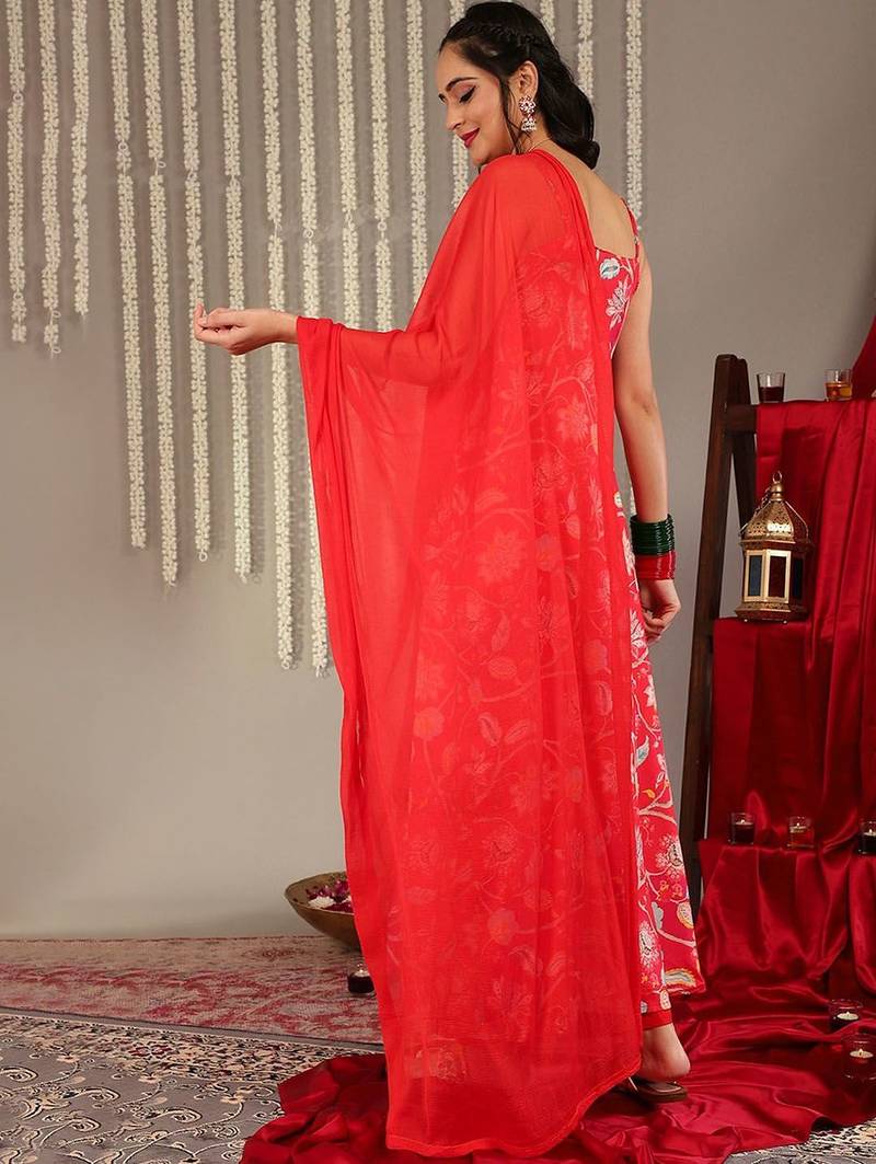 Floral Printed Shoulder Straps Anarkali Kurta & Trousers With Dupatta