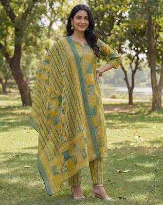 Yufta multi straight floral geometric print kurta trouser dupatta set 1