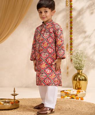 Boys red cotton patola print kurta pyjama set 4