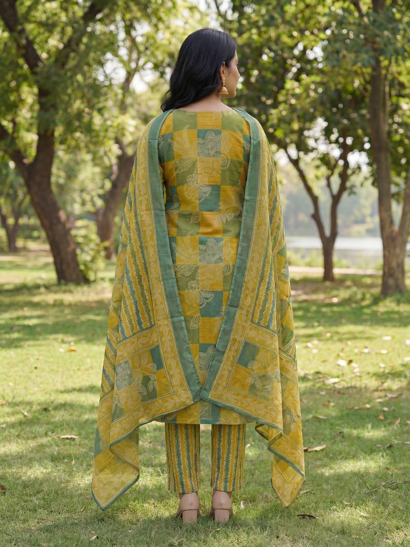 Yufta multi straight floral geometric print kurta trouser dupatta set