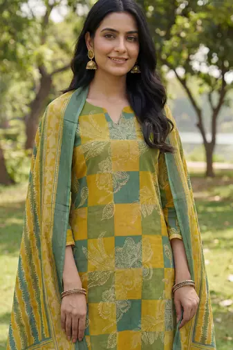 Yufta multi straight floral geometric print kurta trouser dupatta set