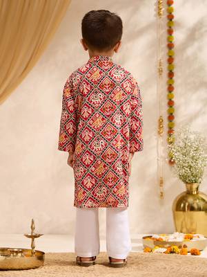 Boys red cotton patola print kurta pyjama set 5