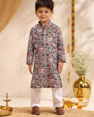 Boys blue cotton patola print kurta pyjama set 1
