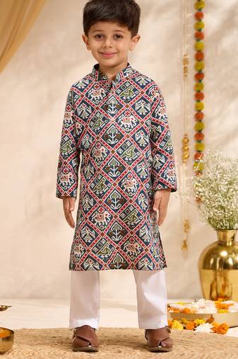 blue patola printed cotton kurta set for boys