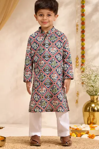 Boys blue cotton patola print kurta pyjama set
