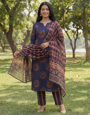 navy blue straight ethnic motifs print kurta trouser dupatta set 1
