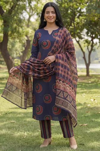 navy blue straight ethnic motifs print kurta trouser dupatta set