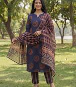 navy blue straight ethnic motifs print kurta trouser dupatta set