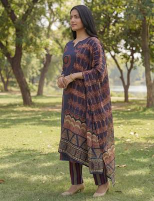 navy blue straight ethnic motifs print kurta trouser dupatta set 2