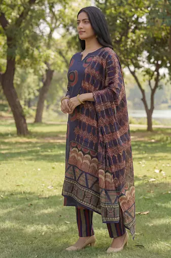 navy blue straight ethnic motifs print kurta trouser dupatta set