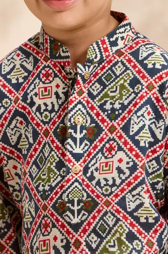 Boys blue cotton patola print kurta pyjama set
