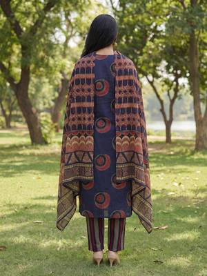 navy blue straight ethnic motifs print kurta trouser dupatta set 3