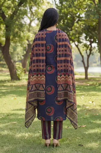 navy blue straight ethnic motifs print kurta trouser dupatta set