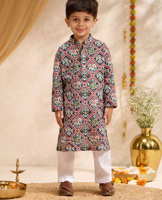 Boys blue cotton patola print kurta pyjama set 3