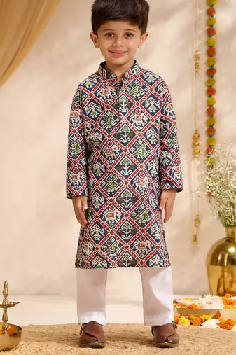 Boys blue cotton patola print kurta pyjama set