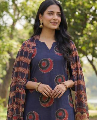 navy blue straight ethnic motifs print kurta trouser dupatta set 4