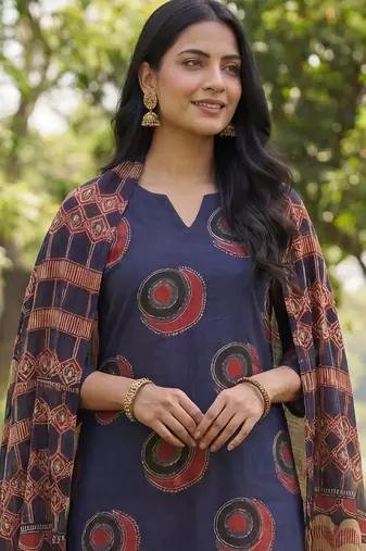 navy blue straight ethnic motifs print kurta trouser dupatta set