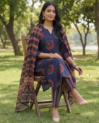navy blue straight ethnic motifs print kurta trouser dupatta set 5