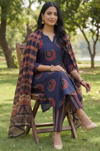navy blue straight ethnic motifs print kurta trouser dupatta set