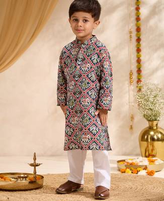 Boys blue cotton patola print kurta pyjama set 4