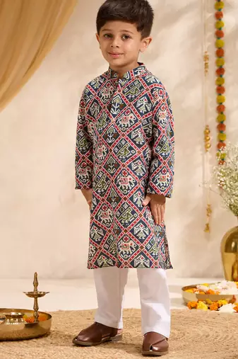 Boys blue cotton patola print kurta pyjama set