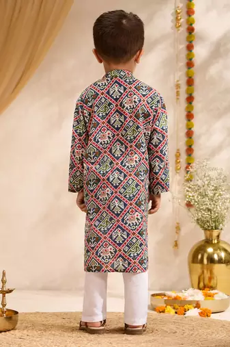 Boys blue cotton patola print kurta pyjama set