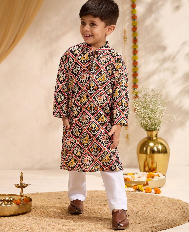 Boys black cotton patola print kurta pyjama set
