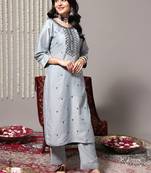 Ethnic Motifs Embroidered Thread work Straight Kurta & Trousers With Dupatta
